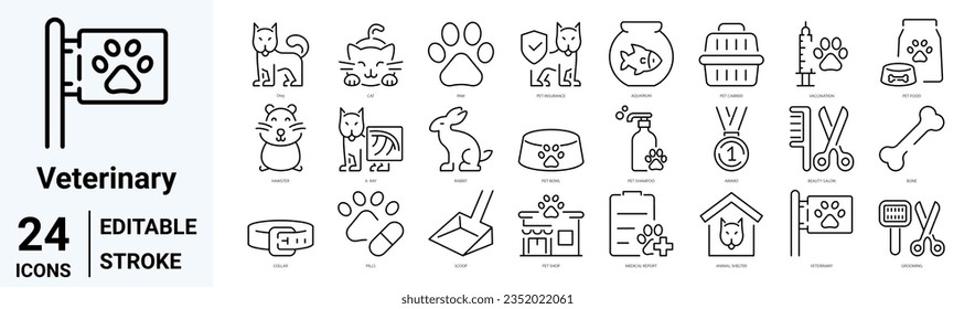 Veterinary line web icons. dog care and cat food. Pets. pet care and dog paw. Collection of Outline Icons. Cute animals. Vector illustration.