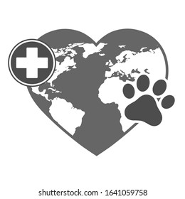 veterinary logo heart shaped globe with medical cross and paw on a white background