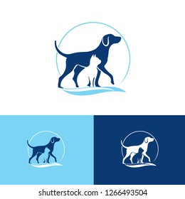 veterinary logo with pets silhouettes, a dog and cat combined in a vet symbol. vector