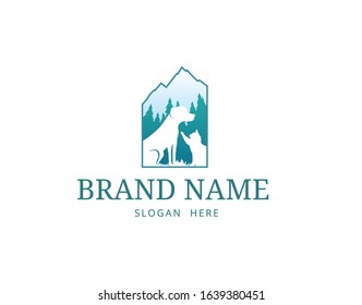 Veterinary logo. Vector graphic design. Cat and dog on a background of mountains and forest