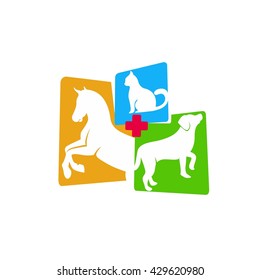 Veterinary logo. Vector silhouettes of horse, cat and dog for veterinary or hospital