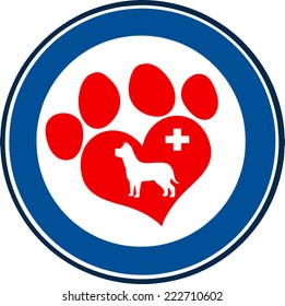 Veterinary Love Paw Print Blue Circle Banner Design With Dog And Cross. Vector Illustration Isolated on white