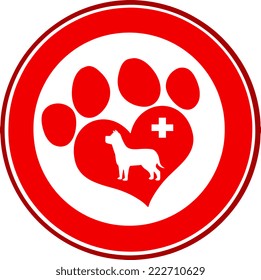 Veterinary Love Paw Print Red Circle Banner Design With Dog And Cross. Vector Illustration Isolated on white