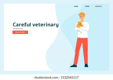 A veterinary male doctor with a cat in a landing page template for a vet clinic the flat vector illustration. Background for veterinary office or hospital's website.