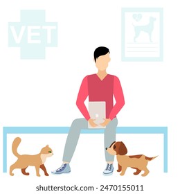 Veterinaria. Un hombre con mascotas está esperando a ver a un veterinario. Chequeo médico para animal doméstico. Diagnóstico para mascotas. Ilustración de clínica veterinaria. 