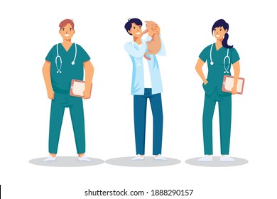 Veterinary Medical Staff Workers Professions Avatars Characters Vector Illustration Design