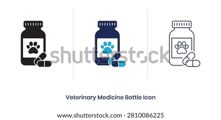 Veterinary medicine bottle icon set with pet paw print and drug capsule pills. Flat, glyph, and outline vector icons for animal clinic store web UI, mobile app, and pharmacy dashboard.