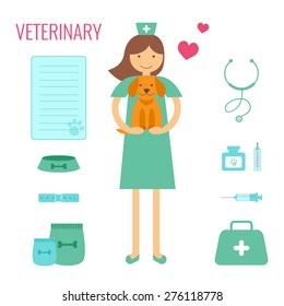 Veterinary medicine concept.  Doctor with dog. Profession vet. Vector illustration, flat style