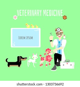 veterinary medicine cute pet animal health care with doctor give vaccine injection to dachshund and poodle dog,cat,bird, text box, paw ,flat vector illustration cartoon design,character concept