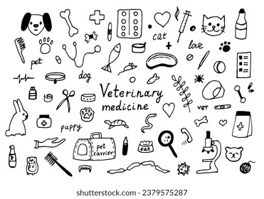 Doodle de medicina veterinaria, con mascotas, medicamentos y alimentos. Gato y perro, hámster, conejo. Ilustración vectorial sobre fondo blanco.