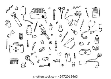 Veterinary medicine doodle, set with pets, medicines and food. Cat and dog, hamster, rabbit. Vector illustration on white background.