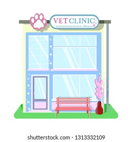 Veterinary medicine or hospital, clinic for animals. Shop or store for vet or veterinarian to cure ill or sick pets disease. Healthcare or treatment for wild or domestic animals. Facade exterior view