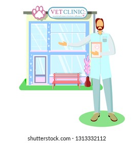 Veterinary medicine or hospital, clinic for animals. Shop or store for vet or veterinarian to cure ill or sick pets disease. Healthcare or treatment for wild or domestic animals. Facade exterior view