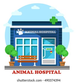 Veterinary medicine or hospital, clinic for animals. Shop or store for vet or veterinarian to cure ill or sick pets disease. Healthcare or treatment for wild or domestic animals. Facade exterior view