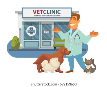 Veterinary medicine hospital, clinic for animals. Smiling veterinarian doctor with dogs and cat near him. Vet clinic facade. Health care or treatment for wild or domestic animals.