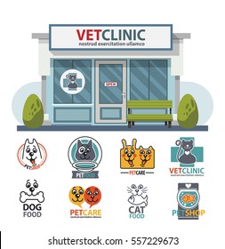 Veterinary medicine hospital, clinic or pet shop for animals. Vet or veterinarian clinic. Health care or treatment for wild or domestic animals. Facade exterior view with vet logo badge collection set