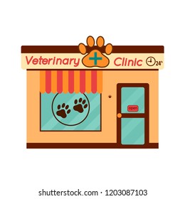 Veterinary medicine hospital. Health care or treatment for wild or domestic animals. Facade exterior view. Vector ilustration.