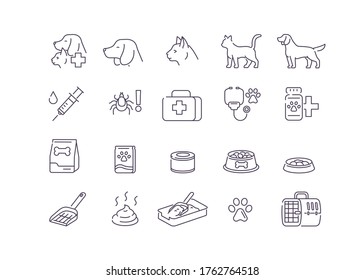 Veterinary Medicine Icons. Dog, Cat and Vet Signs. Different Sorts of Animal Food, Pills, Cages and Other Items for Pet Health Care. Flat Line Vector Illustration and Icons set.