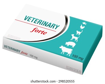 Veterinary Medicine Named VETERINARY FORTE With Silhouettes Of Pets As Brand Logo On The Box. It Is A Medical Fake Product. Isolated Vector Illustration On White Background.