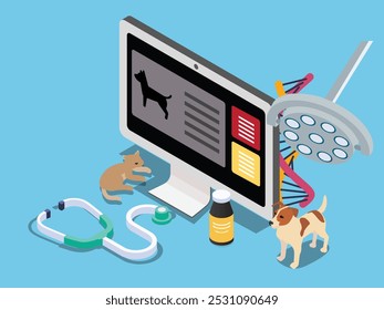 Veterinary Medicine and Pet Healthcare Concept Illustration with Cat, Dog, Stethoscope, and DNA 3d isometric vector illustration