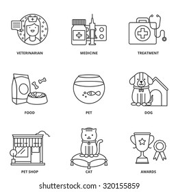 Veterinary medicine and pets vector icons set modern line style