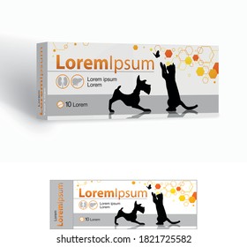 Veterinary medicine with silhouettes of pets on the box. Prescription medicine for animal. Isolated vector illustration on white background.