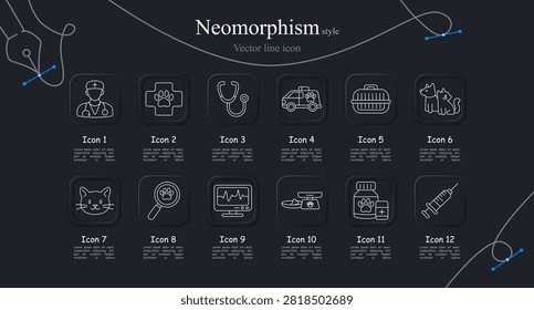 Veterinary neomorphism set icon. Clinical specialist, paw cross, ambulance transport, feline portrait, diagnostic monitor, surgical syringe petcare graphics.