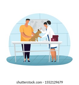 Veterinary nurse and cartoon man with dog. Veterinarian examining pet. Puppy on vet table near veterinarian with syringe. Animal care clinic or hospital. Sick or ill doggy. Animal medicine checkup