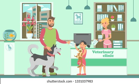 Veterinary Office Flat Vector Color Illustration. Pet Lovers With Animals And Vet Prescription On Vet Clinic Reception. Bearded Man With Husky, Girl With Siamese Cat And Receptionist Cartoon Character