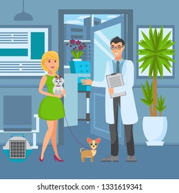 Veterinary Office Flat Vector Color Illustration. Veterinarian Meet Woman With Dogs In Reception Room. Pet Care. Cartoon Animal And Human Character. Vet Appointment. Vet Clinic Interior Design