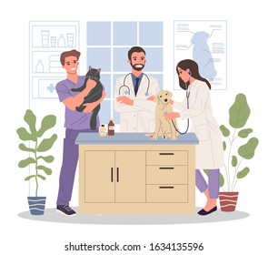 Veterinary office vector illustration. Happy friendly pets doctors examining cat and dog. Veterinarian specialists in clinic interior for domestic animals concept