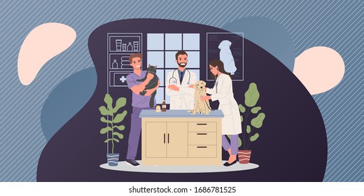 Veterinary office vector illustration. Happy friendly pets doctors examining cat and dog. Veterinarian specialists in clinic interior for domestic animals concept