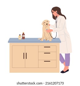 Veterinary office vector illustration. Happy friendly pets doctors examining cat and dog. Veterinarian specialists in clinic interior for domestic animals