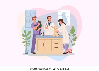 Veterinary office vector illustration. Happy friendly pets doctors examining cat and dog. Veterinarian specialists in clinic interior for domestic animals concept