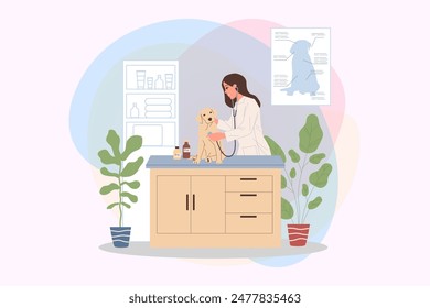 Veterinary office vector illustration. Happy friendly pets doctors examining dog. Veterinarian specialists in clinic for domestic animals. Animal care concept