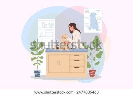 Veterinary office vector illustration. Happy friendly pets doctors examining dog. Veterinarian specialists in clinic for domestic animals. Animal care concept