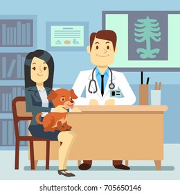 Veterinary Office - Woman With Dog And Veterinarian. Doctor Clinic With Dog Pet, Vector Illustration