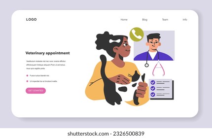 Veterinary online appointment web banner or landing page. Pet owner having a video call medical clinic specialist. Cat health check. Vet doctor consultation. Flat vector illustration