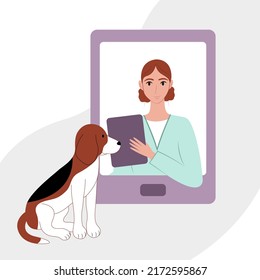 Veterinary online consultation flat concept. A female veterinarian treats a beagle online. Veterinarian online service for dog. Vector illustration in flat style.