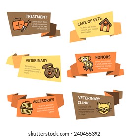 Veterinary paper banner set with pets treatment clinic accessories isolated vector illustration