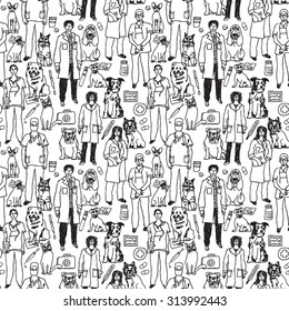 Veterinary people and pets seamless black pattern. Wallpaper with veterinary icons, objects and doctors. Black and white vector illustration. EPS8