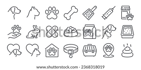 Veterinary and pet care editable stroke outline icons set isolated on white background flat vector illustration. Pixel perfect. 64 x 64.