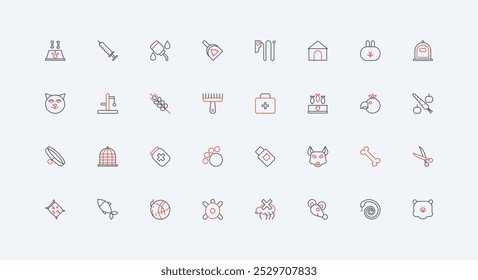 Veterinary and pet care at home line icon set. Dog kennel, house and cage of animal, kitty and rabbit face, bowl for food and bone, vaccine thin black and red outline symbols vector illustration