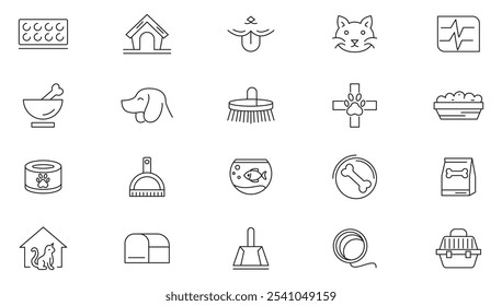 Veterinary and Pet Care line icon set. Pet, vet, pet shop, dog care, training, cat, medicine, hospital, animals, puppy doghouse. Vaccine line icon set. UI thin line icon pack.