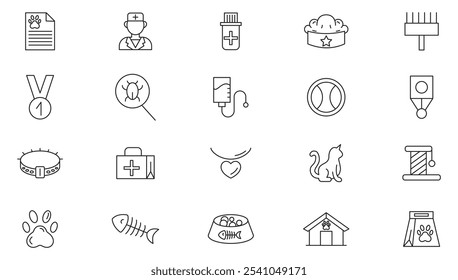 Veterinary and Pet Care line icon set. Pet, vet, pet shop, dog care, training, cat, medicine, hospital, animals, puppy doghouse. Vaccine line icon set. UI thin line icon pack.