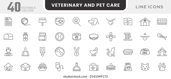 Veterinary and Pet Care line icon set. Pet, vet, pet shop, dog care, training, cat, medicine, hospital, animals, puppy doghouse. Vaccine line icon set. UI thin line icon pack.