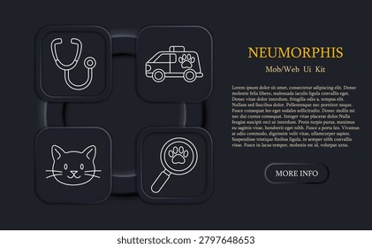 Veterinary pet care set icon. Line icons display stethoscope, ambulance with paw mark, cat face, magnifier with paw print, animal healthcare, clinic service, pet diagnosis, veterinary concept.