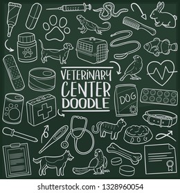 Veterinary Pet Center. Chalkboard Doodle Icons. Sketch Hand Made Design Vector Art.