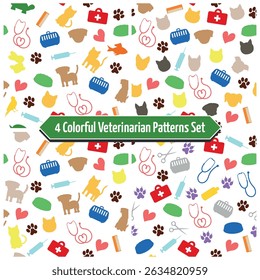 Veterinary and Pet Shop Colorful Patterns Set - 4 Patterns of Messy Colored Silhouette of Animals, Veterinary and Pet Shop Items. Seamless Link.