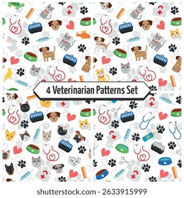 Veterinary and Pet Shop Patterns Set - 4 Colored Patterns of Messy Animals, Veterinary and Pet Shop Items. Seamless Link.